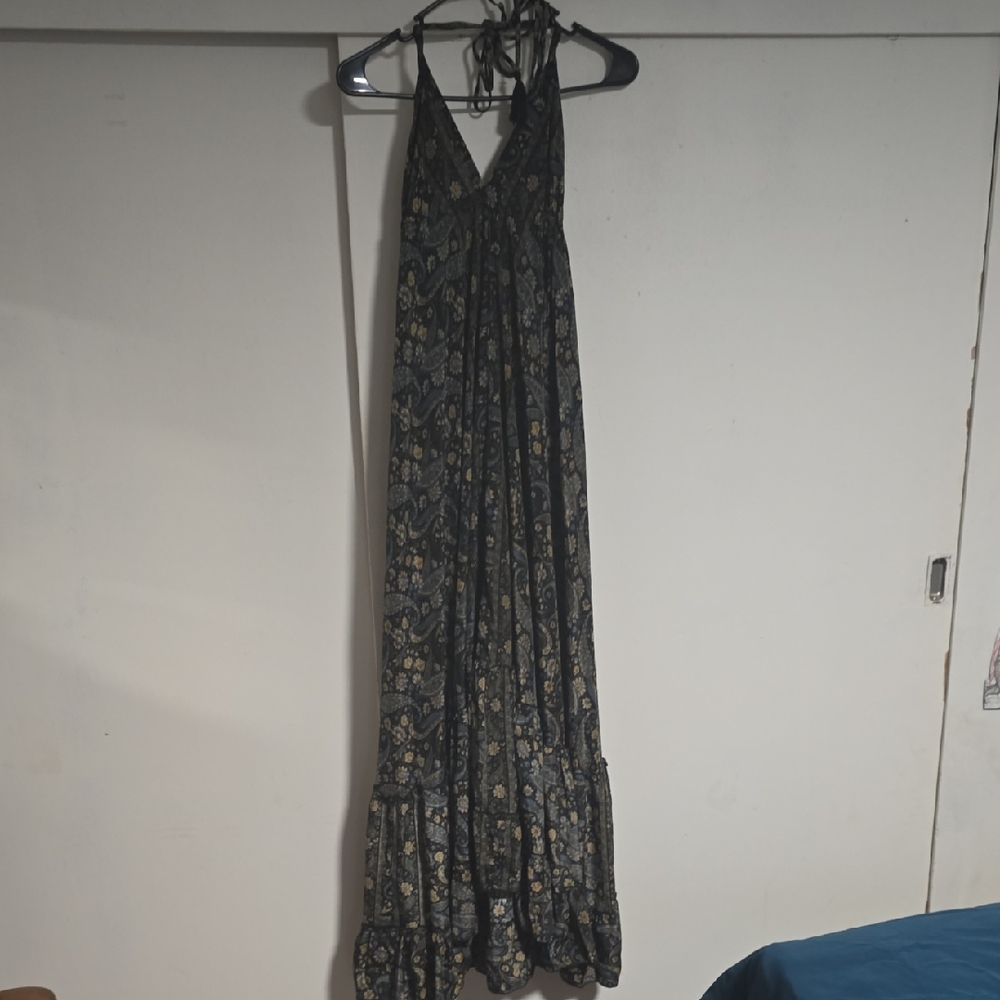 Vintage Silk Paisley V Neck Low Back Blue Black Tan Maxi Dress